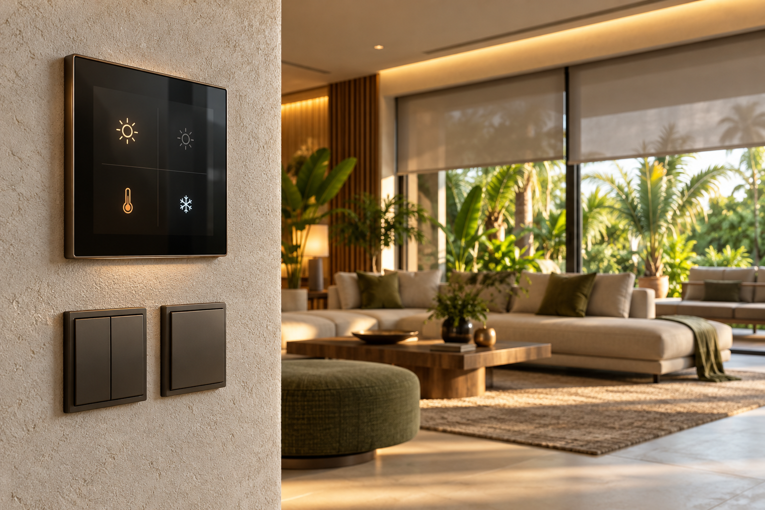 Espacio residencial ilustrativo con control de iluminación y persianas