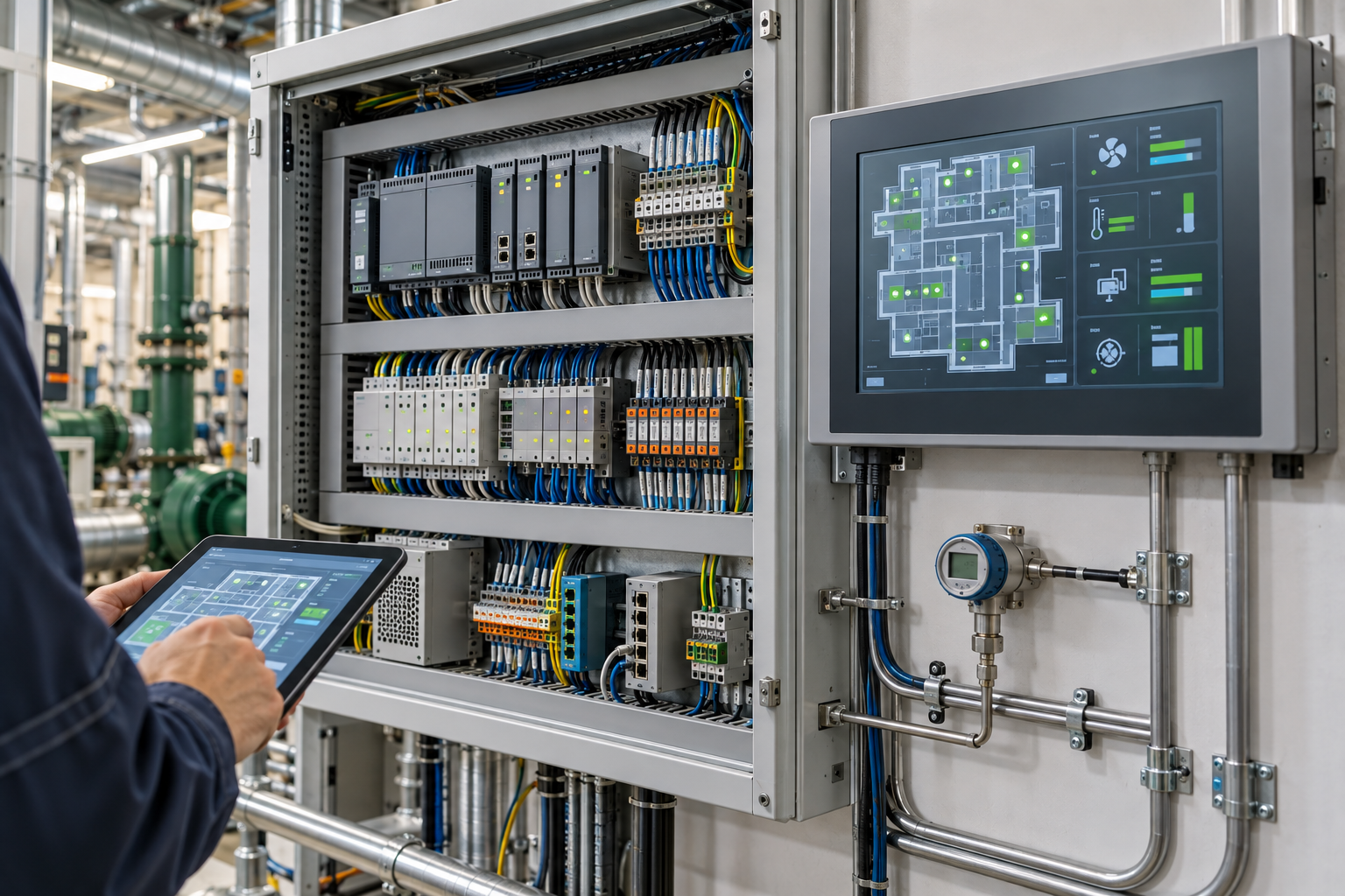 Tablero de automatización con PLC y pantalla de supervisión BMS