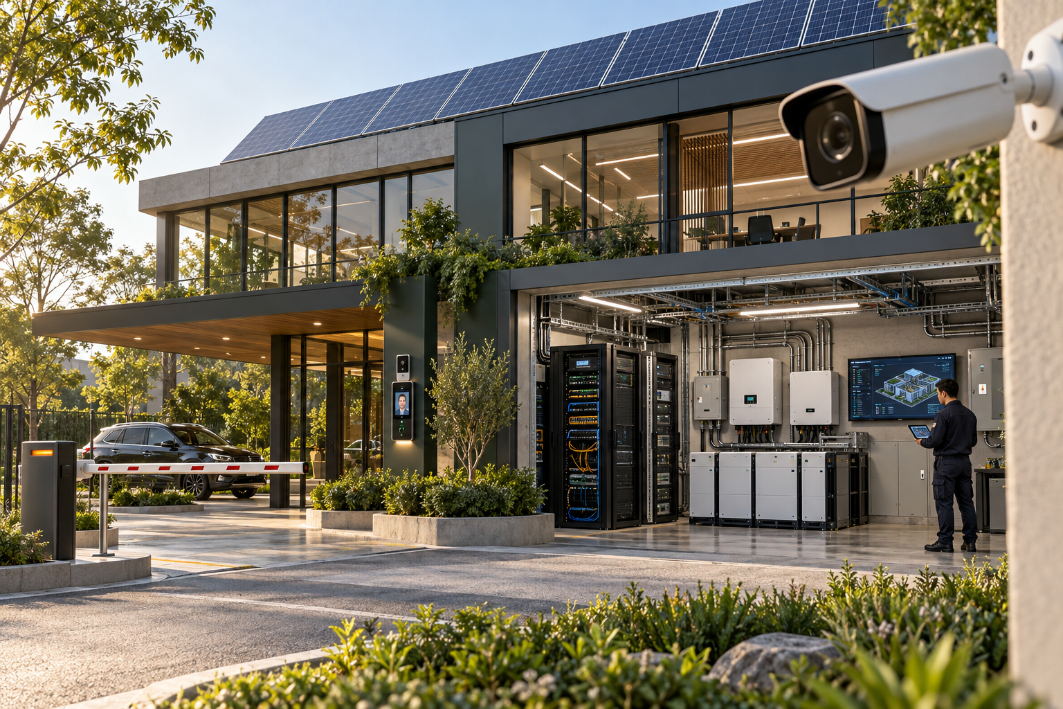 Edificio con cámaras, control de acceso, paneles solares y sala técnica integrada